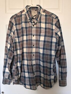 L.L. Bean Plaid Flannel Shirt Cotton Long Sleeve Blue Slightly Fitted Sz L